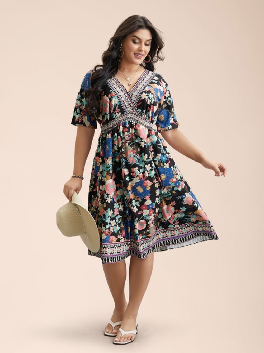 BLOOMCHIC • Boho Shirred V-Neck Flared Midi Dress